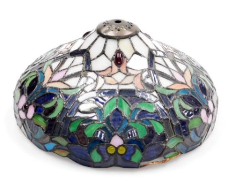 A Tiffany style glass table lamp shade, floral and jewelled decoration, 31cm wide. (AF)