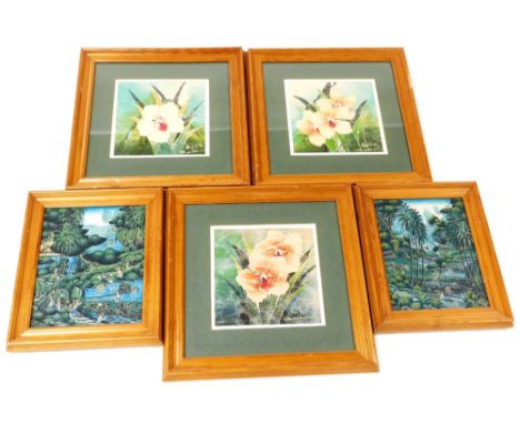 K T Suweta (Indonesian School). Scenes depicting figures picking and carrying fruit on banks, water colour on rice paper, a p