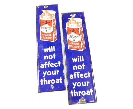 Two Virginia Cigarettes enamel signs, "Craven 'A' Virginia Cigarettes will not effect your throat", 33cm x 8.5cm.