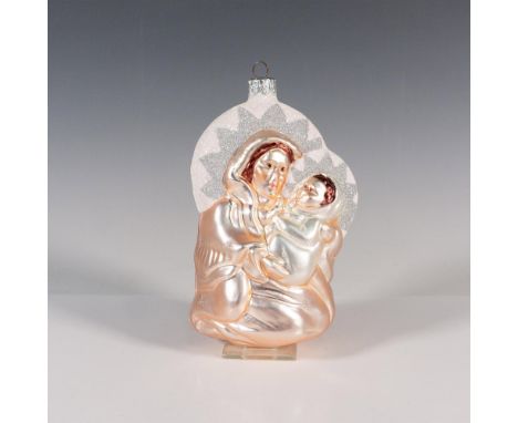 This glass ornament features a European-style hand-painted design depicting Madonna with child, adorned in light pink and whi