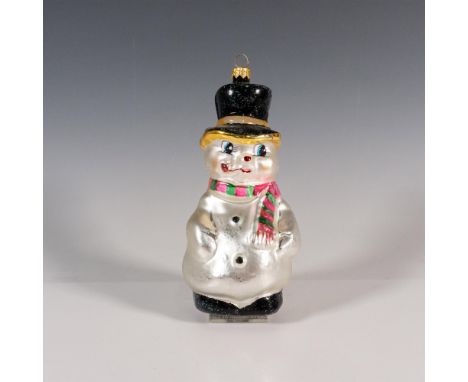 Hand-painted European-style glass Christmas ornament depicting a whimsical snowman with his top hat, pipe, and pink and green