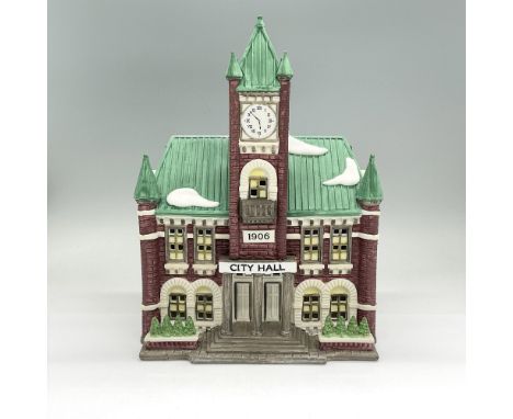 Handpainted matte porcelain figure modelled as a municipal building with a clock tower. Part of the Christmas in the City Vil