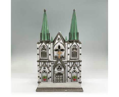 Handpainted matte porcelain building modelled as a church with a two spires. Part of the Christmas in the City Village Series