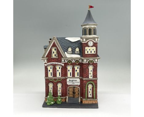 Handpainted matte porcelain figure of a three-story school building, Brighton Preparatory School. Part of the Christmas in th