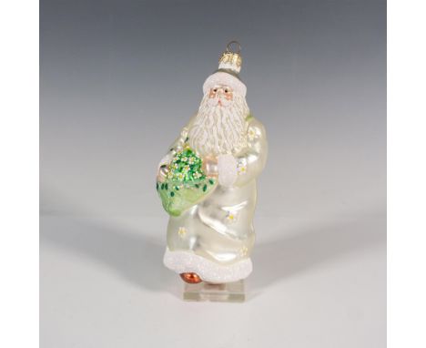 Exquisitely hand-painted, this glass ornament portrays Santa in a beautiful light pearlescent yellow, holding a bag full of d