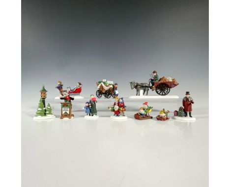 Includes a man with luggage, a mother and child singing, children pulling on a sled, a light post around snowy trees, elf mus