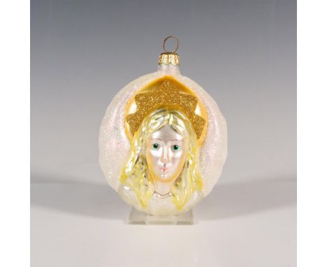 Exuding elegance, this hand-painted design, this glass ornament showcases an angelic face in shimmering gold and pearl-white 