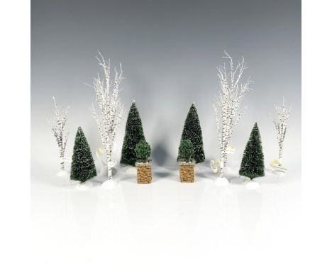 A charming set featuring 4 frosted topiary trees, 2 holly trees flourishing in stone posts, and 6 elegant winter birch trees.