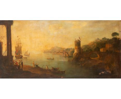 French painter active in Italy, eighteenth century - Coastal view with architectural capriccio and bystandersoil on canvas69.