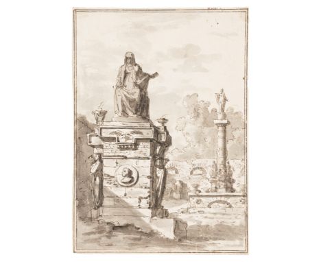 Circle of Antonio Basoli (Castel Guelfo, 1774 – Bologna, 1843) - Architectural Capriccio with altar and columnpen, brown ink,