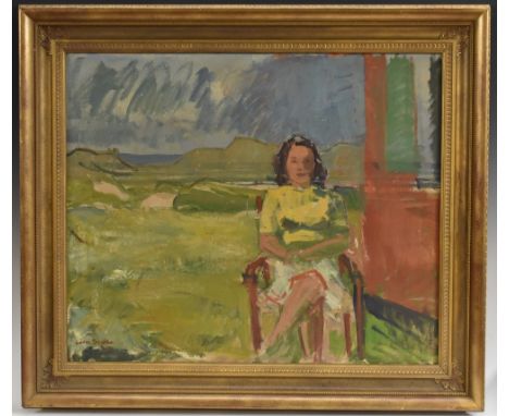 Norwegian School (mid 20th century)Portrait of a Seated Lady, an Expansive Landscape Beyondindistinctly signed, possibly Jorn