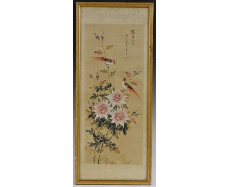 Chinese SchoolBirds, Flowers and Versered seal stamp, watercolour on silk, 61cm x 26cm