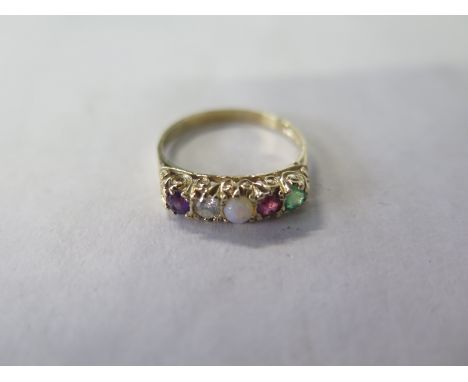 A 9ct Adore ring set with amethyst, diamond, opal, ruby and emerald, size Q, approx 2 grams, in good clean condition 