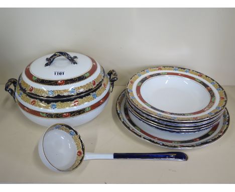 A Losol ware Melrose pattern soup tureen, ladle, six soup bowls and a serving plate, some light wear but otherwise in a clean