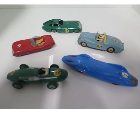 Three Dinky sport racing cars, Sunbeam Alpine, Bristol 450, Vanwal 239 and two Corgis, Proteus and Lotus mkII Le Mans - all o