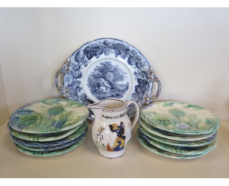 Ten Continental asparagus decorated plates, 23cm diameter, all with crazing, some chips, a Nelson-Hardy jug, crazed and crack