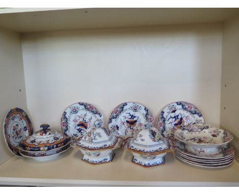 Twelve pieces of Chamberlains Worcester dinner ware, a pair of Ashworth tureens, a Masons dish and plate and a Masons tureen,
