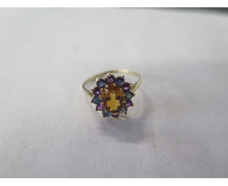A 9ct gold citrine, sapphire and amethyst ring, size N, approx 1.9 grams, in good clean condition 