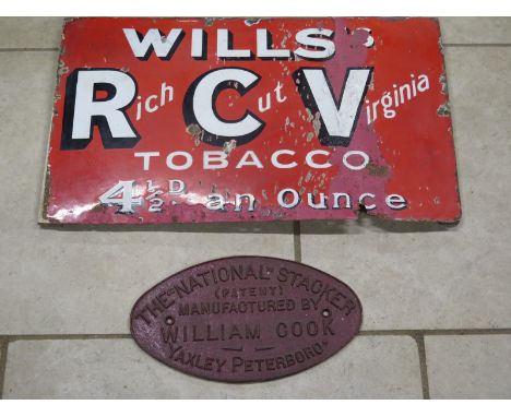 An enamel - Wills Rich Cut Virginia - sign, partial re-paint, approx 46cm x 75.5cm, on wooden frame - also a Vintage cast mac