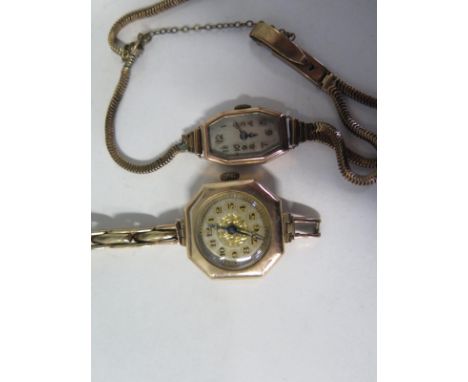 Two 9ct manual wind ladies wrist watches both not working, and with broken straps, total weight approx 35 grams 