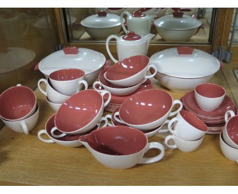 A selection of 1960s Poole pottery tableware, Red Indian pattern -  two tureens, six soup bowls and saucers, coffee pot, five
