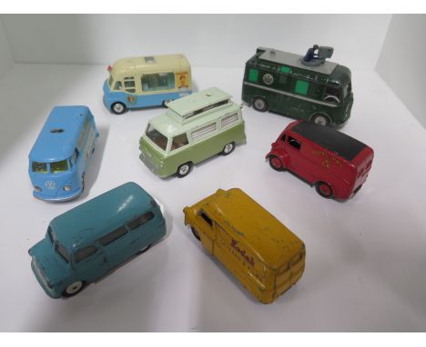 Four Corgi vans including a Volkswagen Toblerone van and three Dinky vans including Bedford Kodak, all original paint, some p