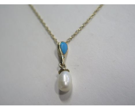 A 9ct gold pearl diamond and opal necklace, chain length approx 54cm, approx 3.8 grams, light signs of wear 