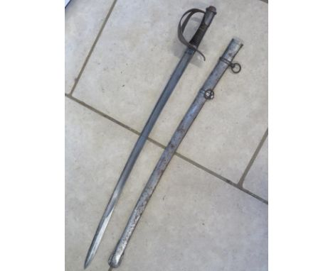 A 19th Century Italian troopers sword with scabbard stamped with a beehive and BT blade length approx 90cm, wear throughout, 