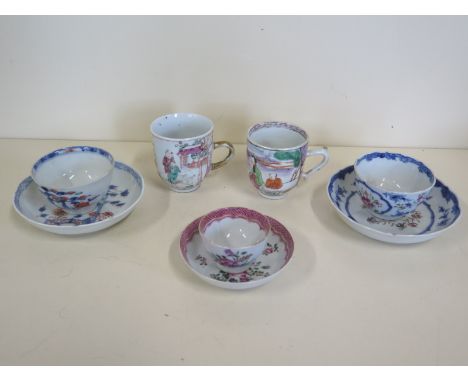 Three 18th/19th Century Chinese porcelain tea-bowls and saucers, together with two coffee cups, eight pieces  - some gilding 