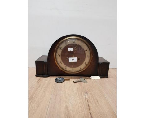 OAK SMITHS MANTLE CLOCK WITH PENDULUM AND KEY