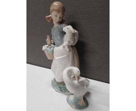 2 LLADRO FIGURES 4835 GIRL WITH LAMB AND LLADRO GOOSE