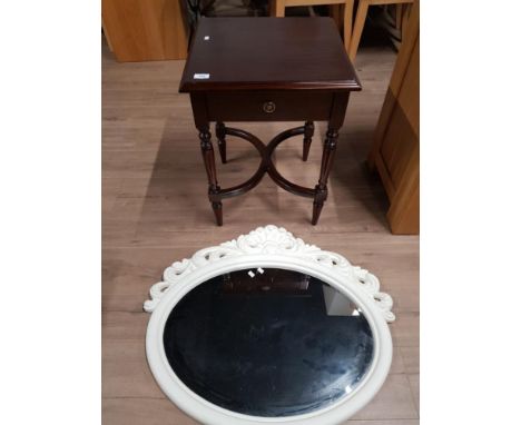 REPRODUCTION SINGLE DRAWER LAMP TABLE ON X FRAME STRETCHER TOGETHER WITH A MIRROR