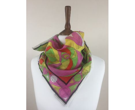 Two vintage Emilio Pucci head square / neck scarves, with original paper labels, silk and cotton blend, both printed in the s