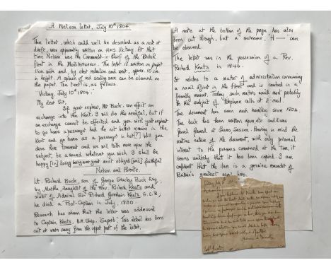 Vice Admiral Horatio Nelson, 1st Viscount Nelson, 1st Duke of Bronté, KB  An incomplete double-sided autograph manuscript let