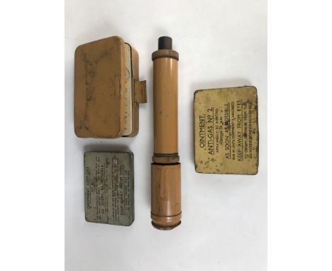 A Second World War British Army gas detector kit, together with two tins of anti-gas ointment