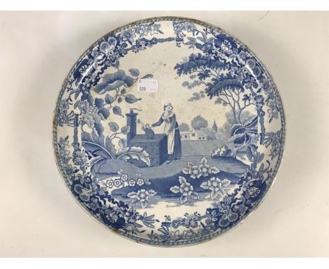 A 19th Century blue-and-white transfer-printed tazza, in the Spode 'girl at the well' pattern, unmarked, 27 cm diameter, 7 cm