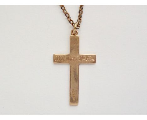 A vintage 9ct gold cruciform pendant on belcher-link neck chain, engraved 'JHC March 30th 1924', 9.9g
