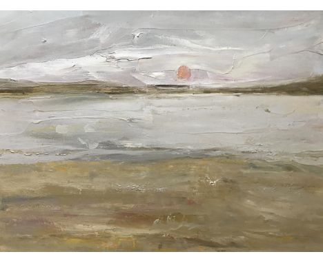 Joan Renton RSW (Scottish, b.1935) Tranquil seascape with sun disk, sensitively painted in pastel tones, oil on canvas, in co