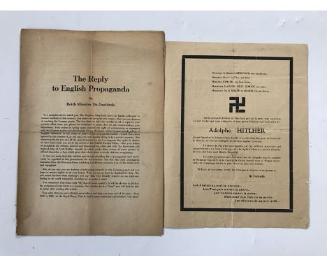 A Second World War French anti-Axis propaganda leaflet together with a 1939 German publication in English The Reply to Englis