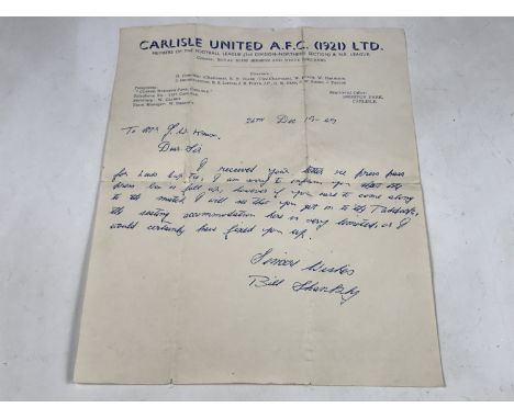 A manuscript letter from footballer / football manager (William) Bill Shankly OBE written on Carlisle United A.F.C headed not