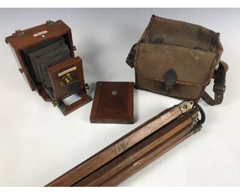 A late 19th Century J. Lancaster and Son Birmingham, "Le Merveilleux" patent quarter plate mahogany cased camera, together wi