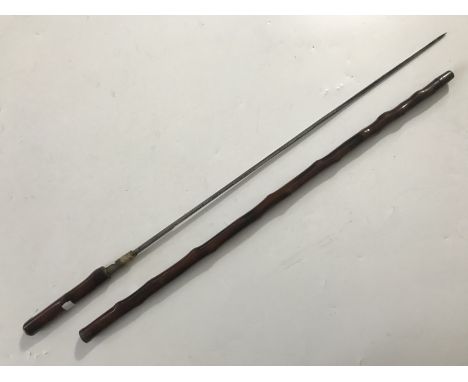 19th Century sword stick, having single edged and fullered blade bearing etched decoration including the legend Peace with Ho