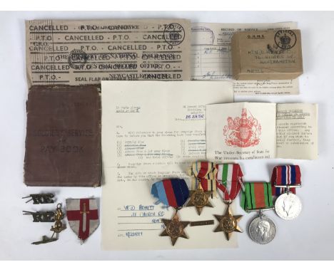 A Second World War campaign medal group, together with Army Pay Book, service documents, First Army flash, shoulder titles an