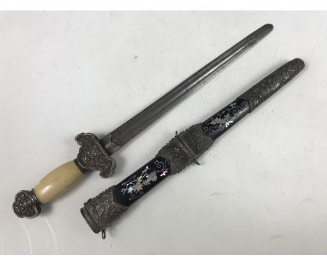 A miniature Chinese sword / paper knife, having ivory grip, white metal mounts and mother-of-pearl inlaid and white metal mou