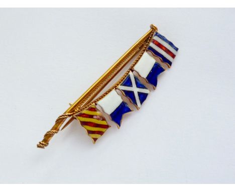 A vintage enamelled 9ct gold nautical brooch, modelled in the form of a flag pole flying five maritime signalling flags, 4.9g