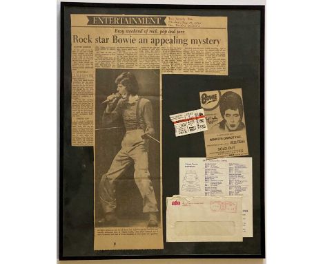 An excellent framed display bearing items relating to David Bowie's 1964 Toronto concert to include: torn ticket stub, O'Keef