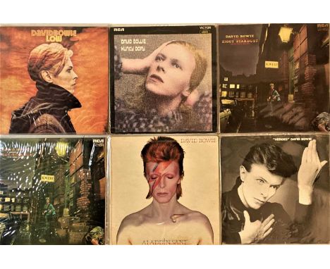 A wonderful selection of around 14 LPs by David Bowie. Titles include Ziggy Stardust (2 copies inc SF 8287, printed inner, 7E