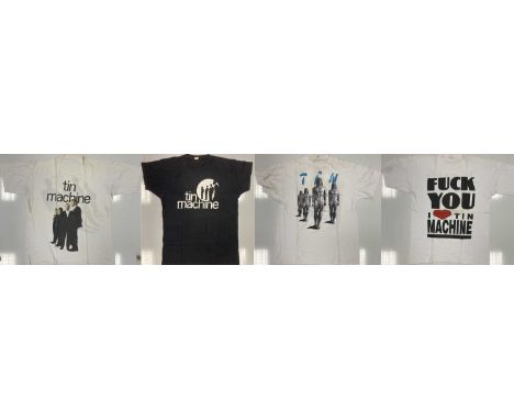 Four original Tin Machine t-shirts, typically L or XL. Condition varies. Provenance: from the collection of renowned Bowie su