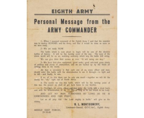 World War Two.- Montgomery (Bernard Law, Viscount of ) Eighth Army. Personal Message from the Army Commander, printed handbil