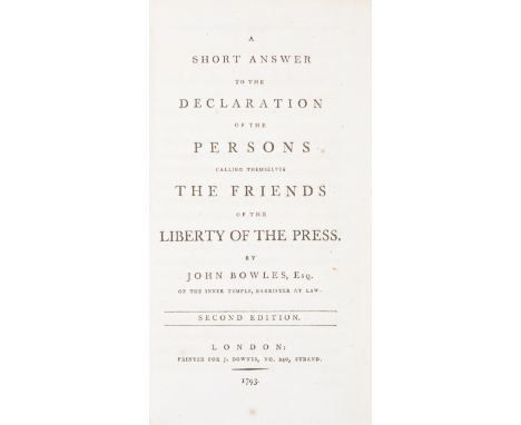Pamphlets.- John Bowles' set of his own works.- Bowles (John) A Short answer to the declaration of the persons calling themse